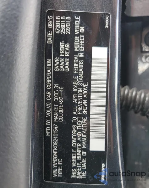 2016 Volvo S60 Premier из США, поврежденный, VIN YV126MFK0G2401547